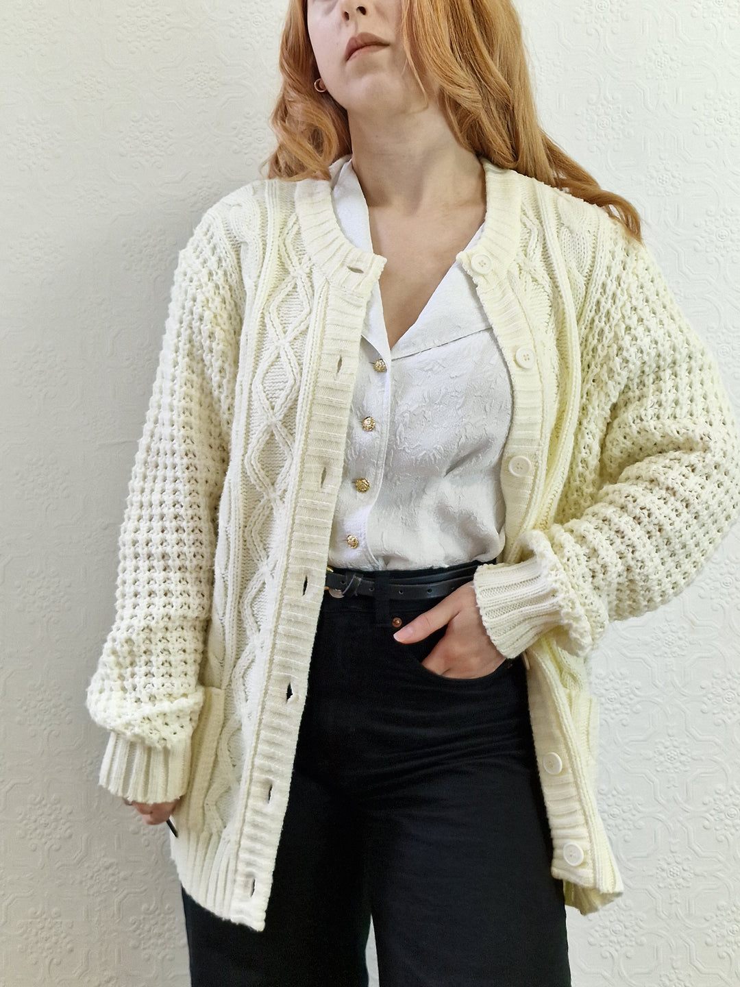 Vintage Handknitted Crew Neck Long Cream Aran Cardigan - M