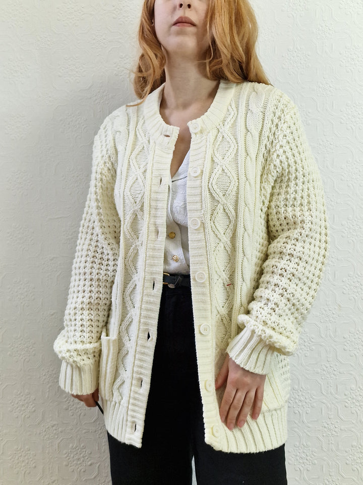 Vintage Handknitted Crew Neck Long Cream Aran Cardigan - M