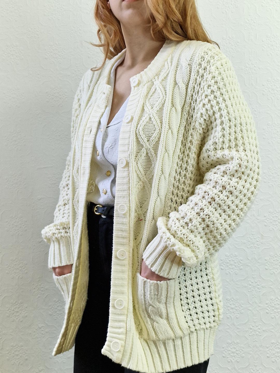 Vintage Handknitted Crew Neck Long Cream Aran Cardigan - M