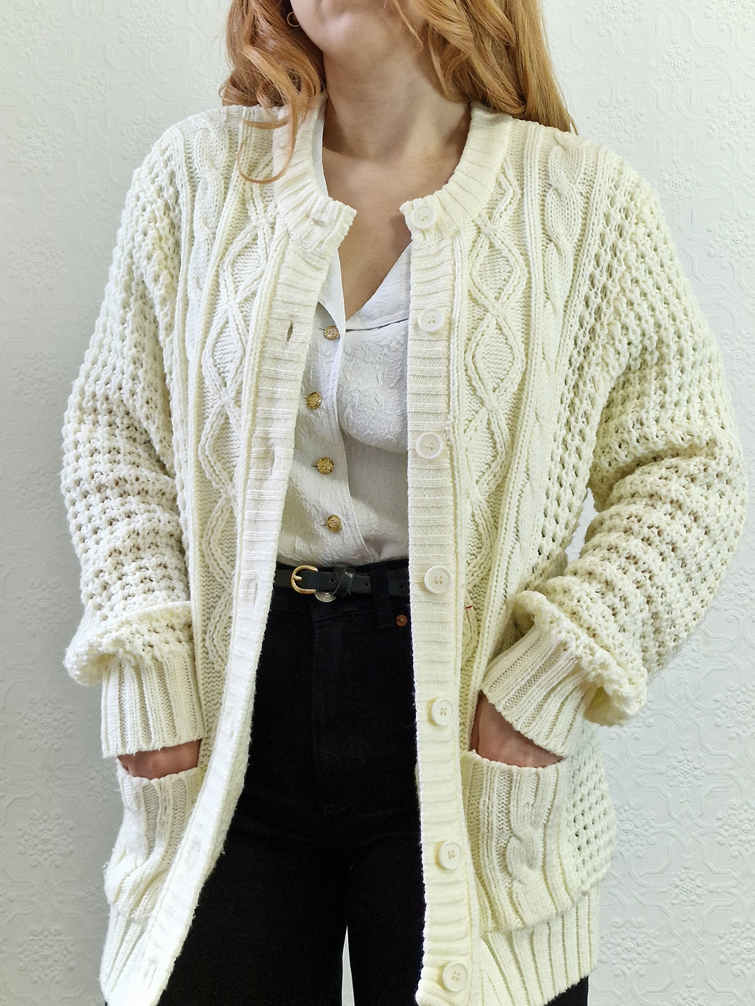 Vintage Handknitted Crew Neck Long Cream Aran Cardigan - M