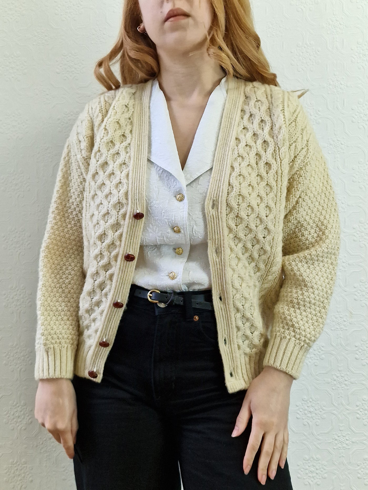 Vintage Pure Wool Cream V-Neck Aran Cardigan by Highland Home Industries - S/M