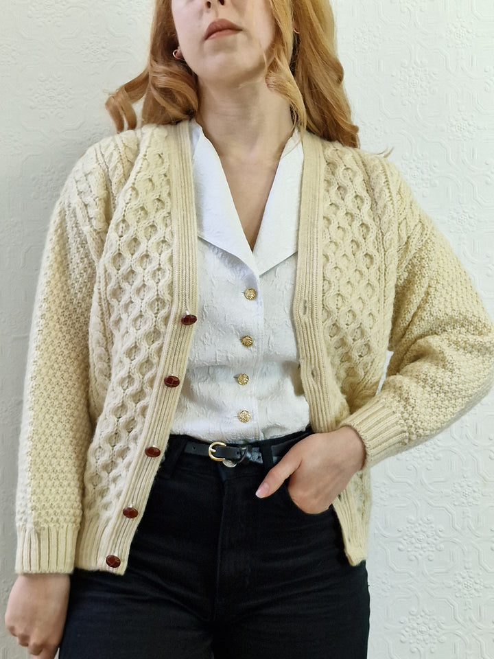 Vintage Pure Wool Cream V-Neck Aran Cardigan by Highland Home Industries - S/M