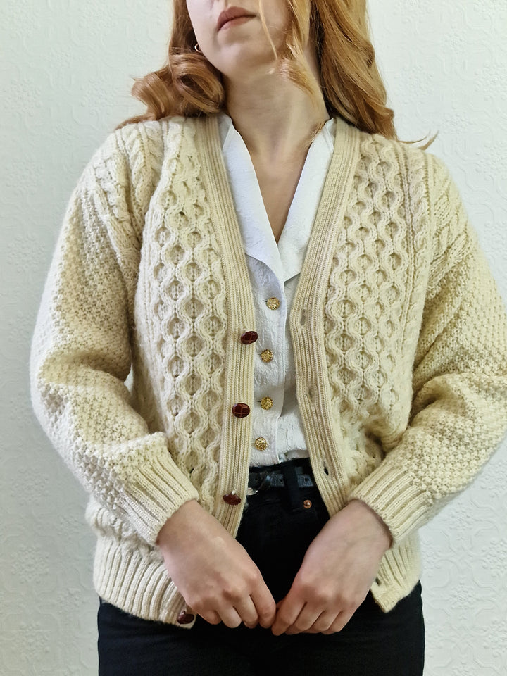 Vintage Pure Wool Cream V-Neck Aran Cardigan by Highland Home Industries - S/M