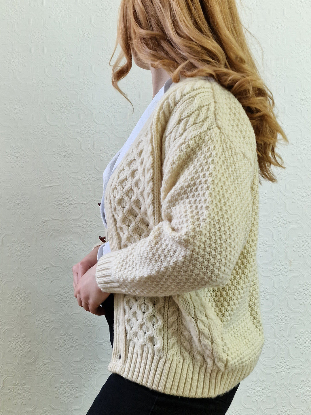 Vintage Pure Wool Cream V-Neck Aran Cardigan by Highland Home Industries - S/M