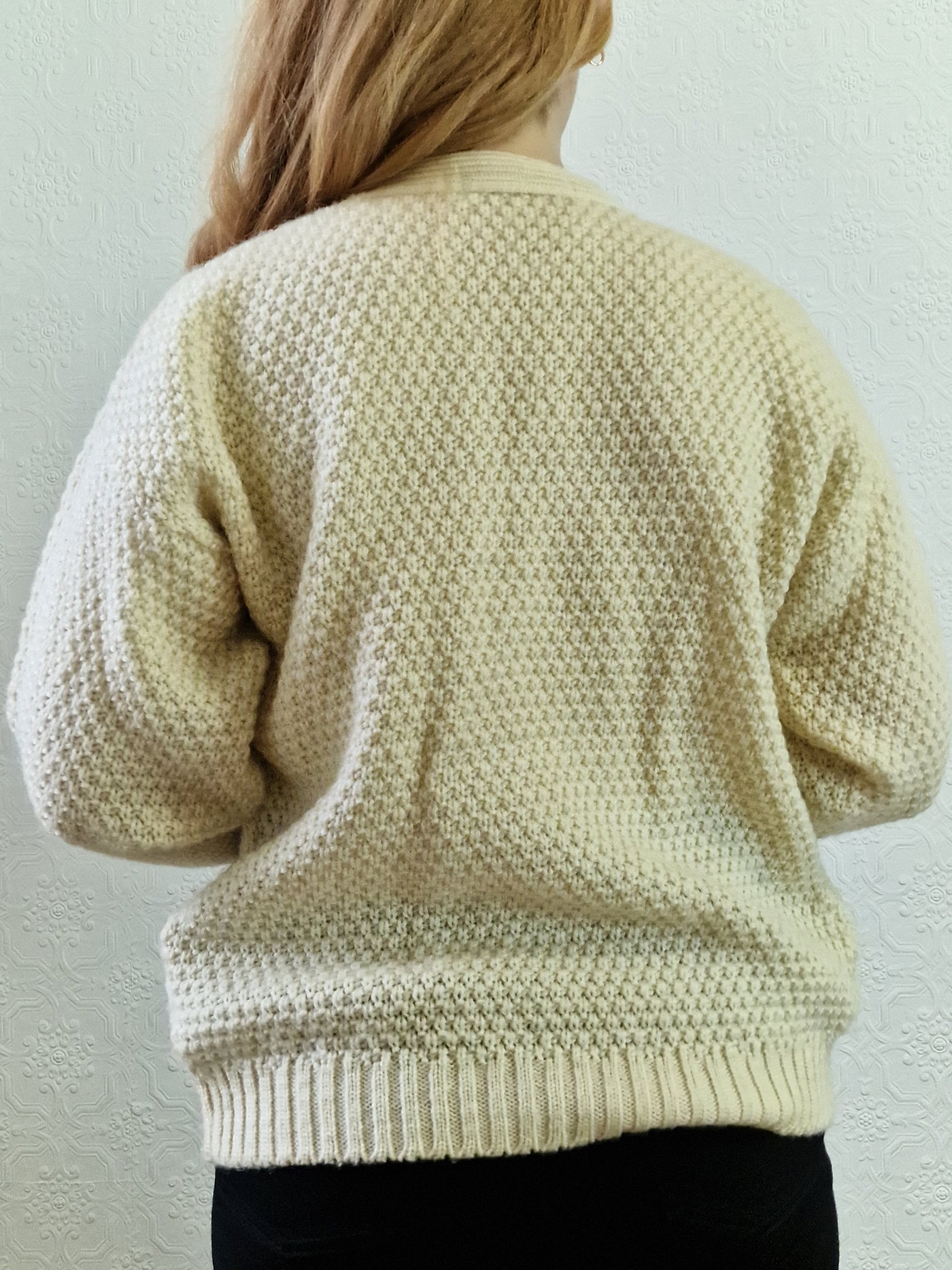 Vintage Pure Wool Cream V-Neck Aran Cardigan by Highland Home Industries - S/M