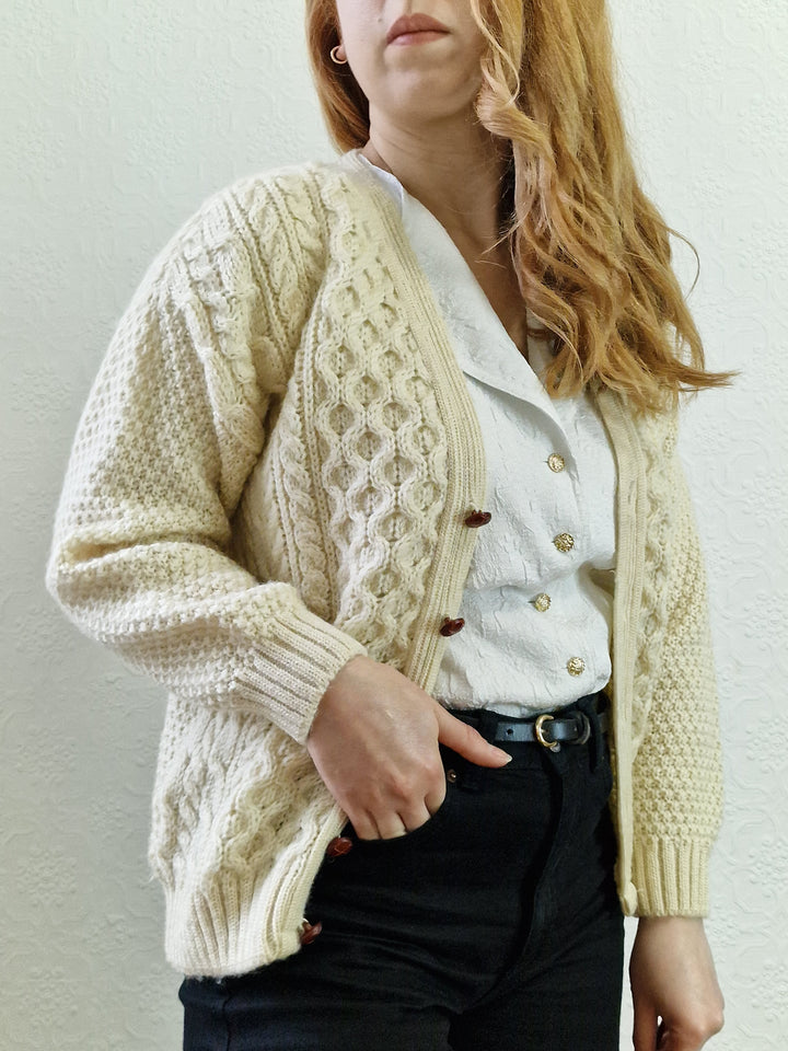 Vintage Pure Wool Cream V-Neck Aran Cardigan by Highland Home Industries - S/M