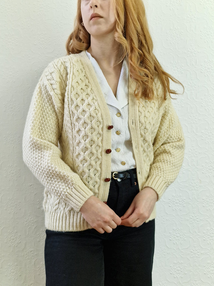 Vintage Pure Wool Cream V-Neck Aran Cardigan by Highland Home Industries - S/M