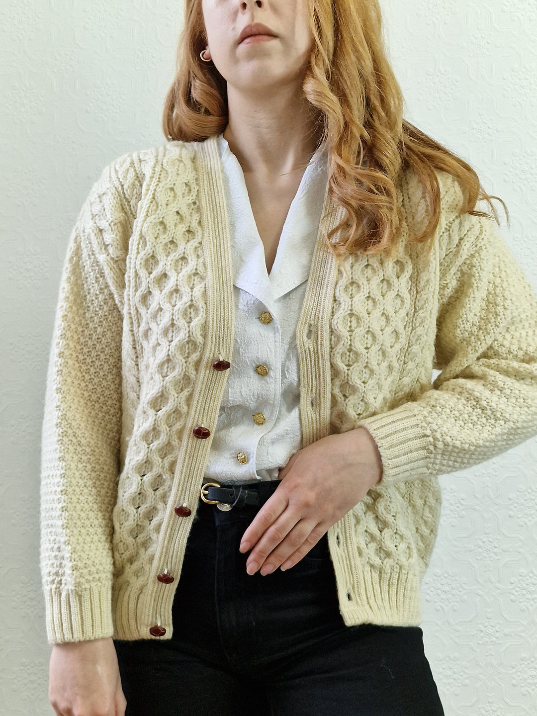 Vintage Pure Wool Cream V-Neck Aran Cardigan by Highland Home Industries - S/M