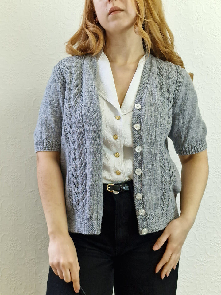 Vintage 80s Handknitted V-Neck Cardigan with Short Sleeves - S