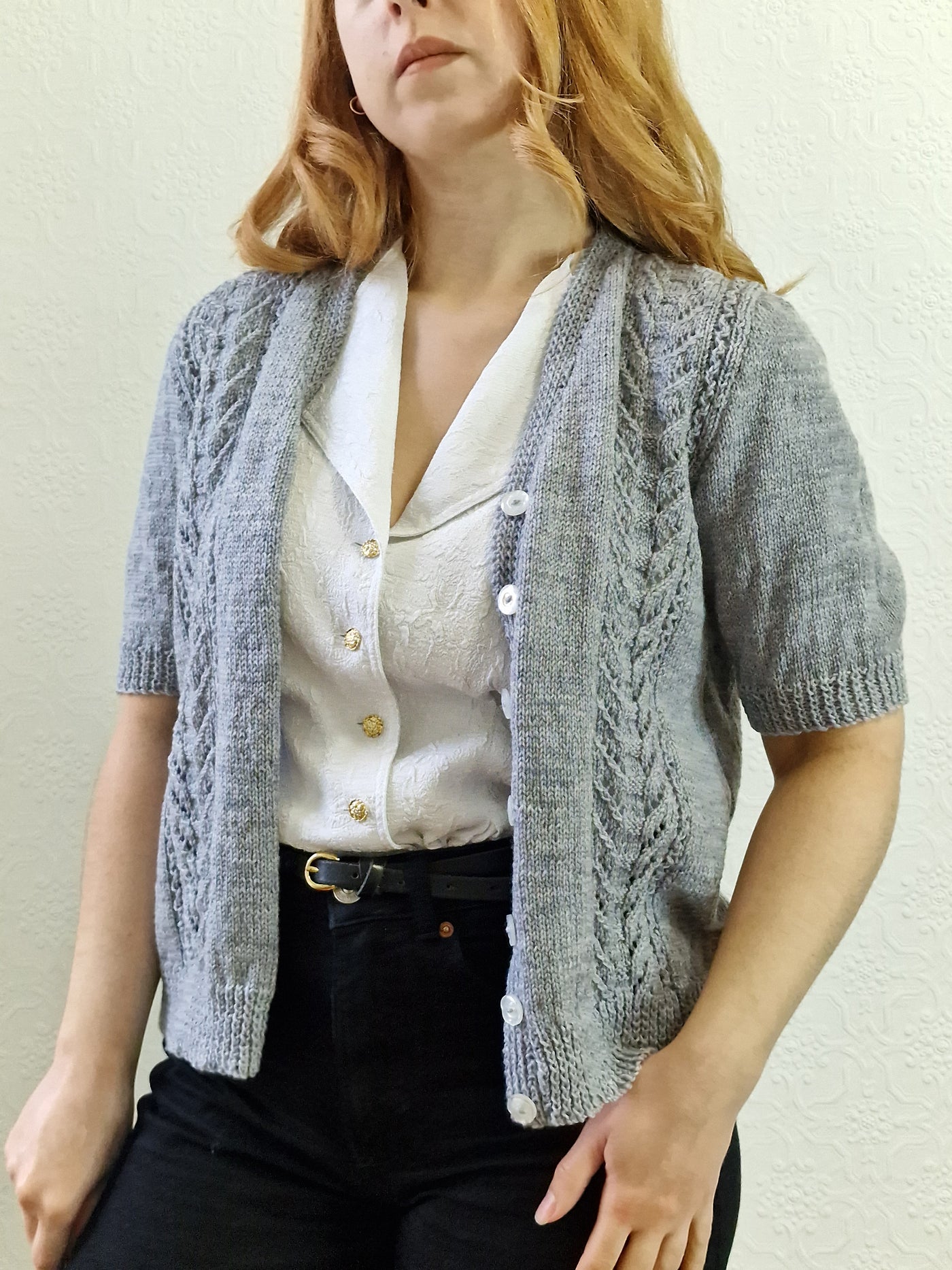 Vintage 80s Handknitted V-Neck Cardigan with Short Sleeves - S