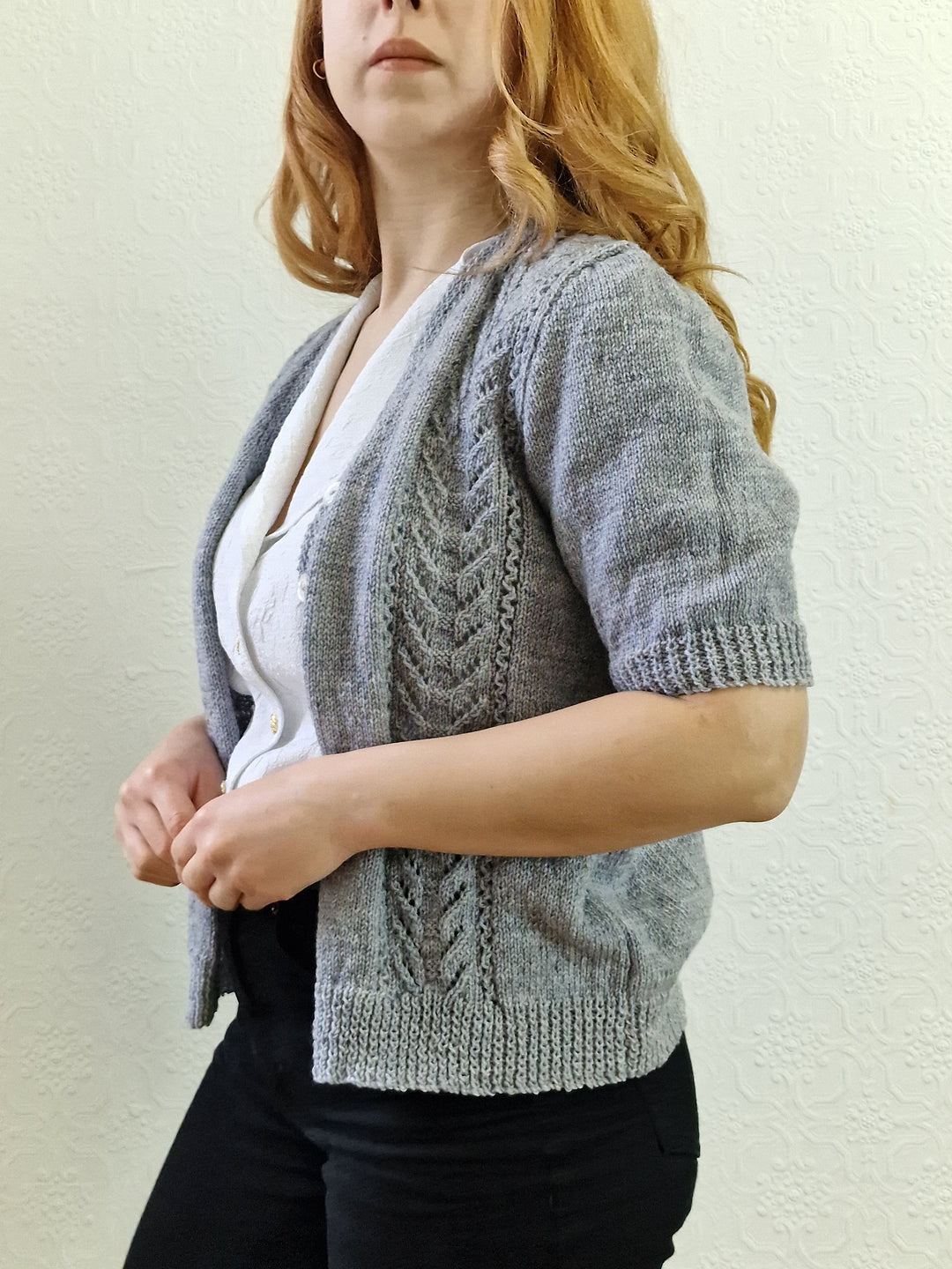 Vintage 80s Handknitted V-Neck Cardigan with Short Sleeves - S