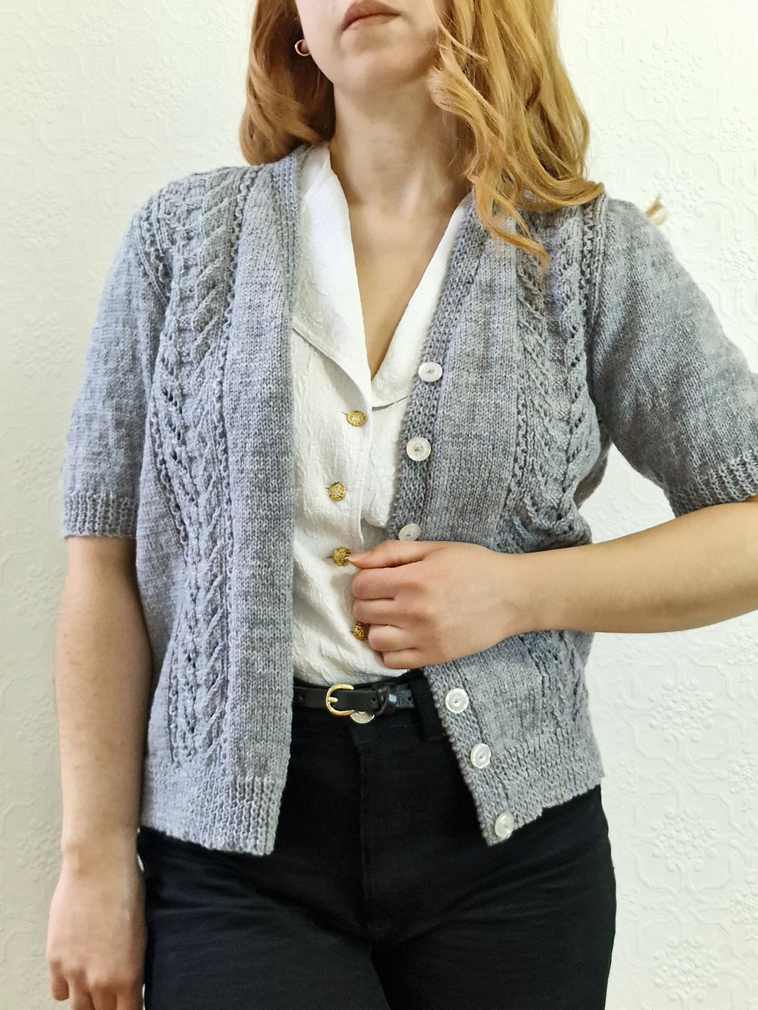 Vintage 80s Handknitted V-Neck Cardigan with Short Sleeves - S