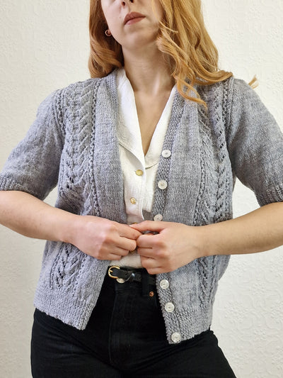 Vintage 80s Handknitted V-Neck Cardigan with Short Sleeves - S