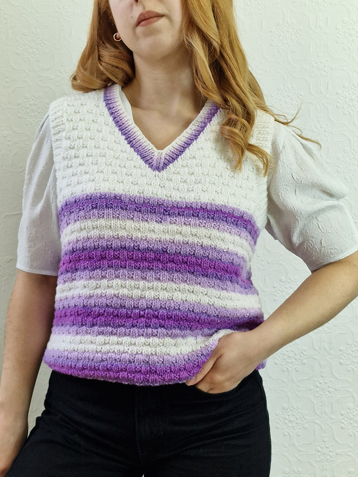 Vintage 80s Handknitted V-Neck White Vest with Purple Stripes - M/L