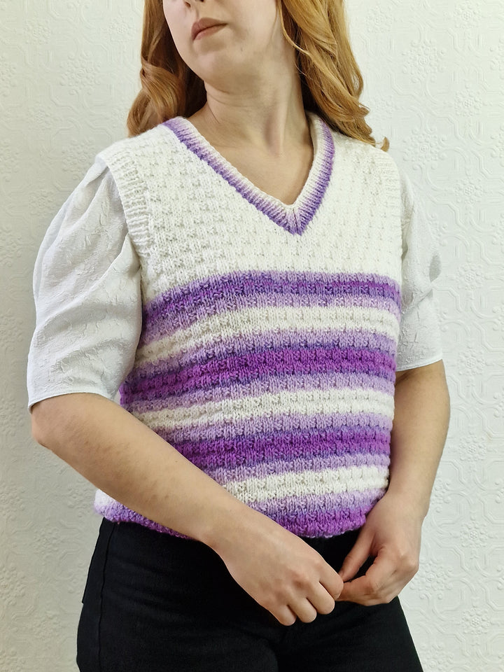 Vintage 80s Handknitted V-Neck White Vest with Purple Stripes - M/L