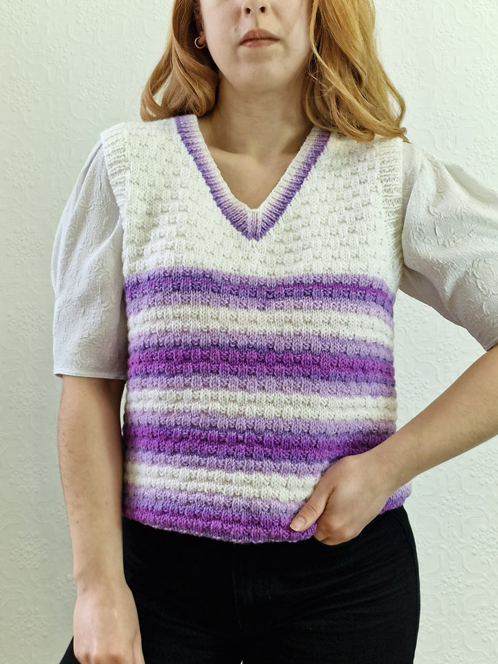 Vintage 80s Handknitted V-Neck White Vest with Purple Stripes - M/L