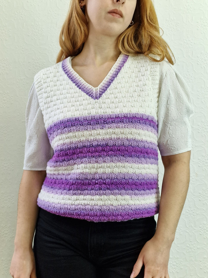 Vintage 80s Handknitted V-Neck White Vest with Purple Stripes - M/L