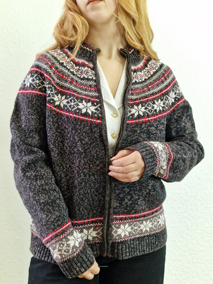 Vintage Icelandic Style Charcoal Grey Zip Up Cardigan - S