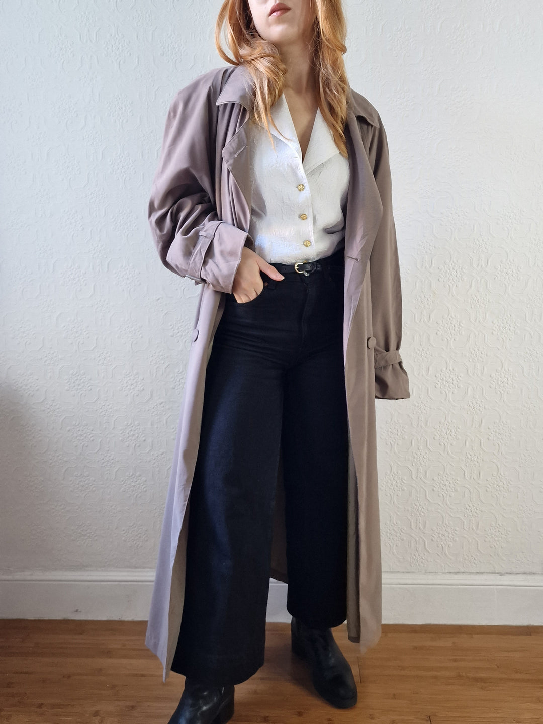 Vintage Dark Taupe Double Breasted Long Trench Coat - L