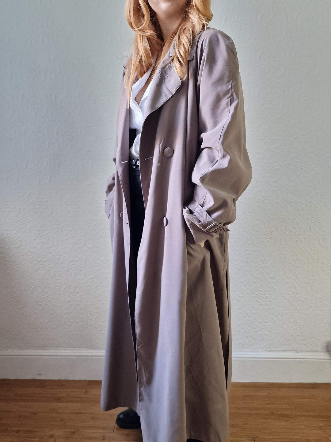 Vintage Dark Taupe Double Breasted Long Trench Coat - L