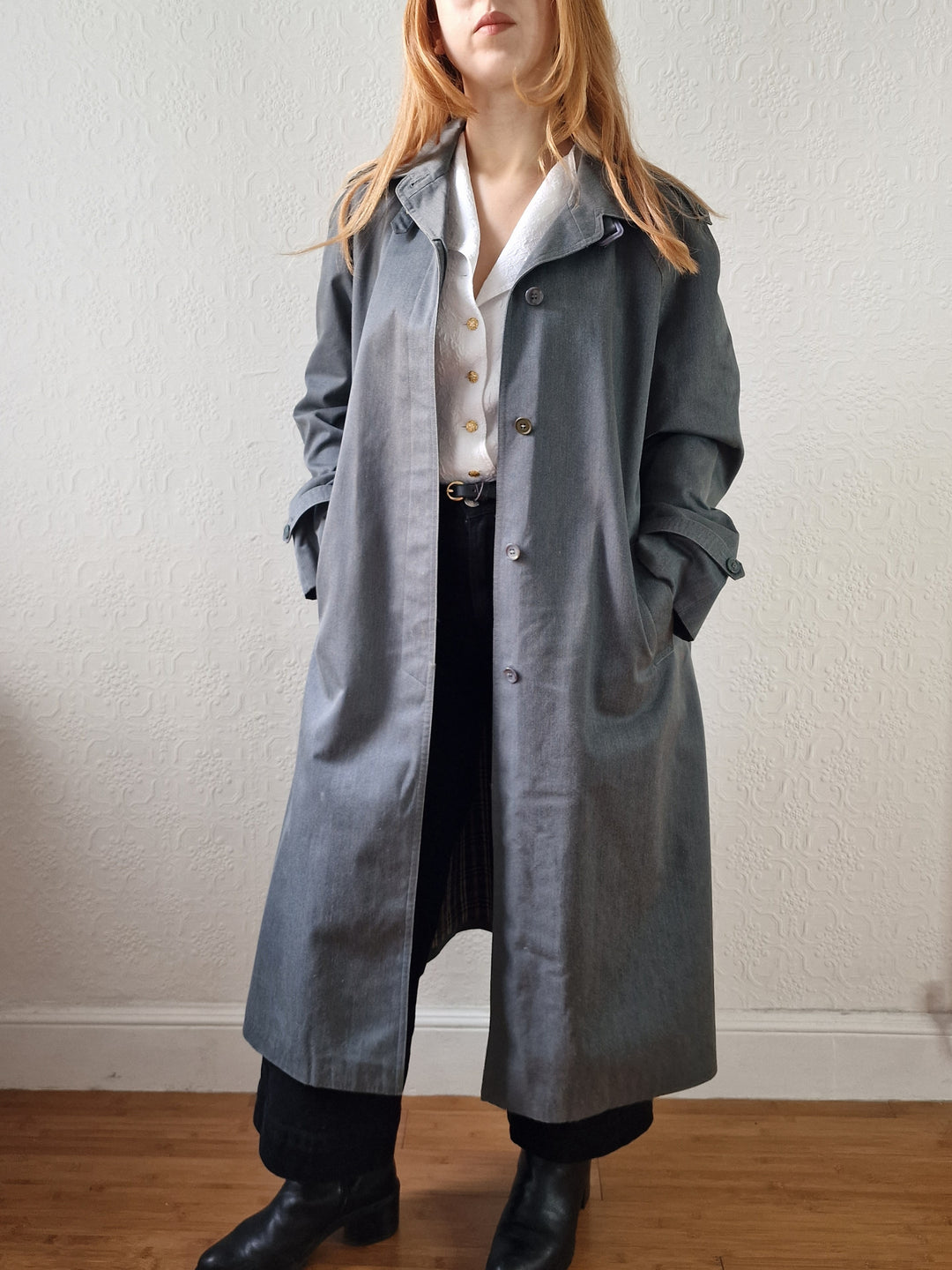 Vintage Denim Effect Dark Green Single Breasted Trench Coat - M/L