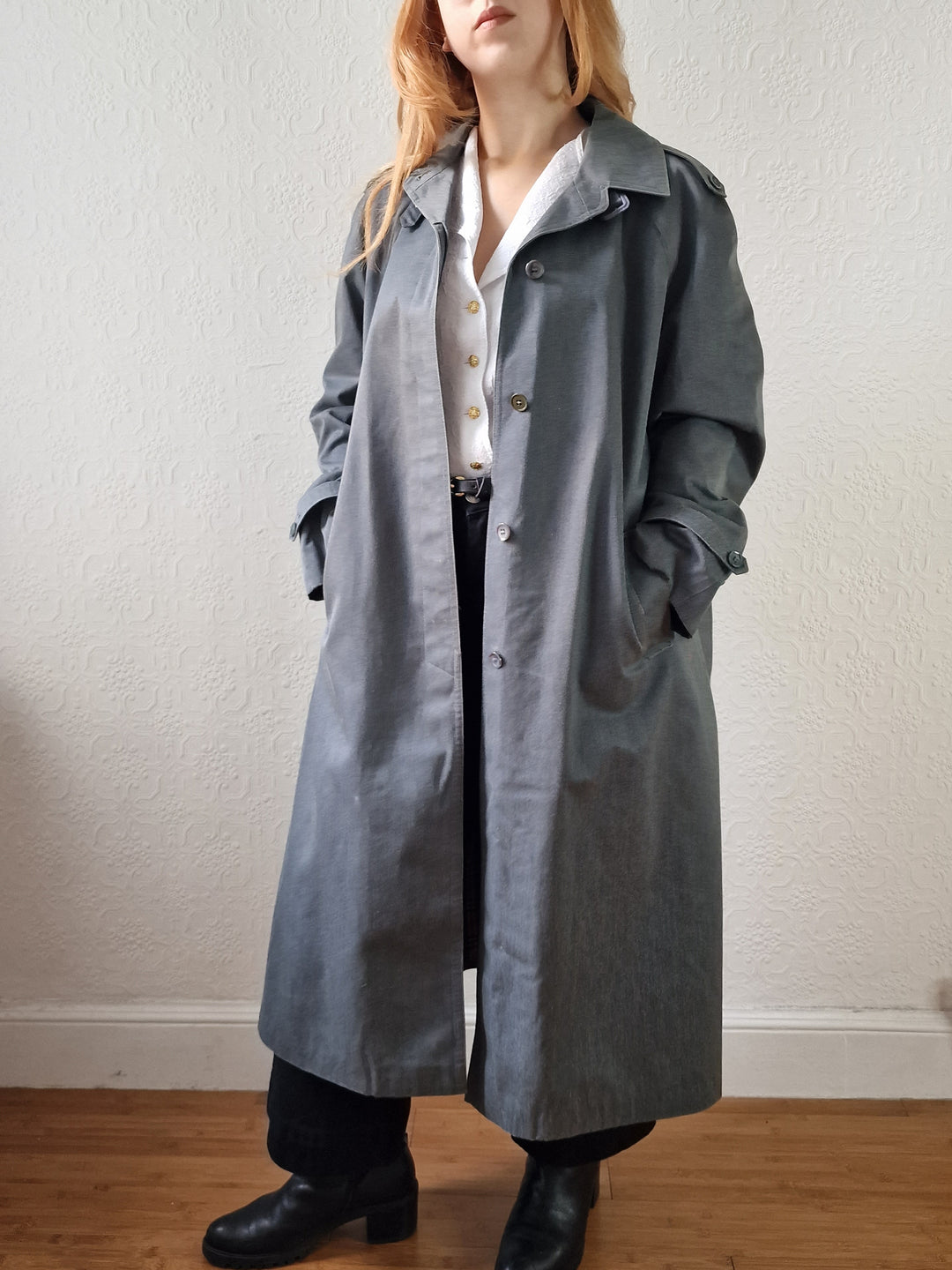 Vintage Denim Effect Dark Green Single Breasted Trench Coat - M/L