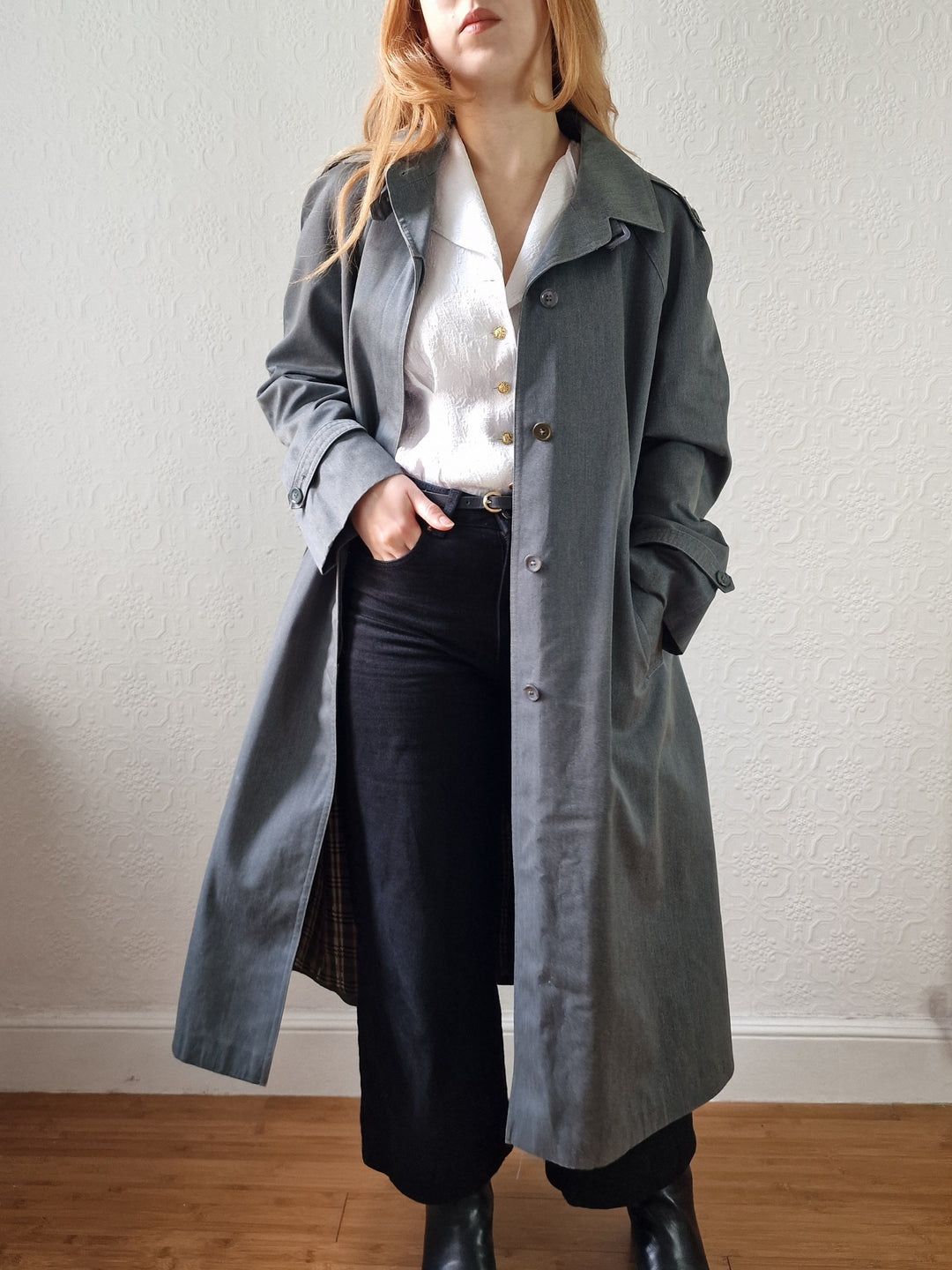 Vintage Denim Effect Dark Green Single Breasted Trench Coat - M/L