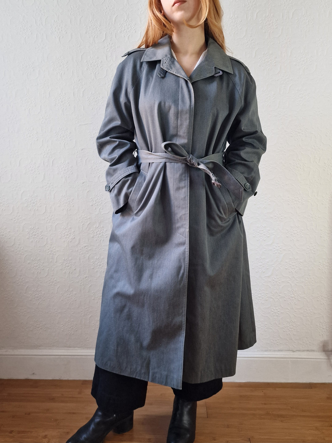 Vintage Denim Effect Dark Green Single Breasted Trench Coat - M/L