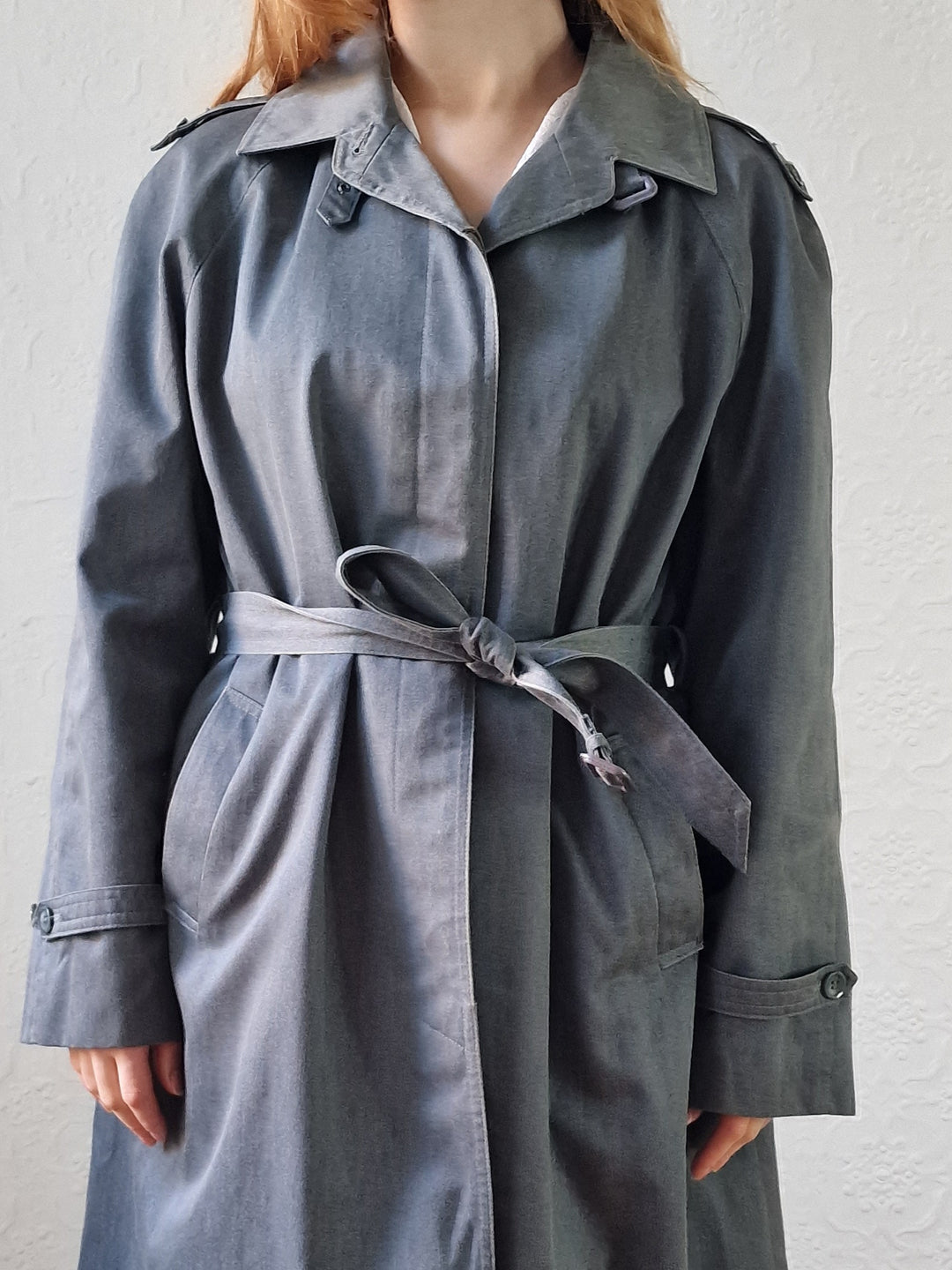 Vintage Denim Effect Dark Green Single Breasted Trench Coat - M/L