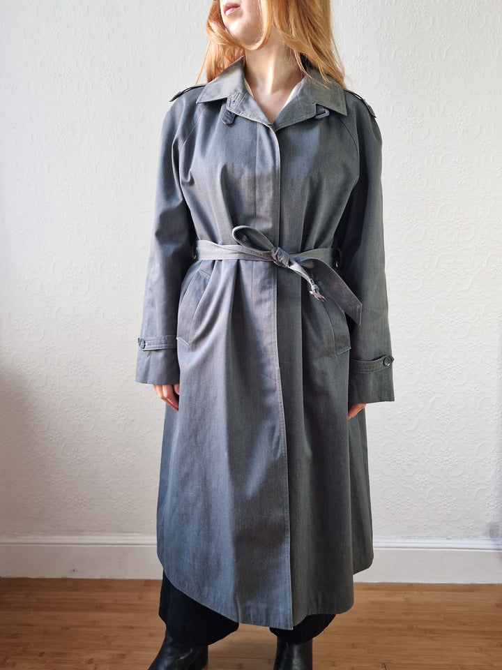 Vintage Denim Effect Dark Green Single Breasted Trench Coat - M/L