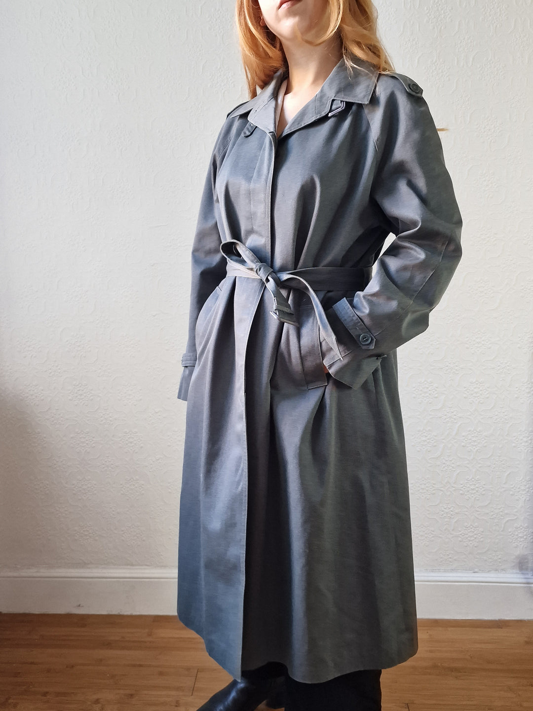 Vintage Denim Effect Dark Green Single Breasted Trench Coat - M/L