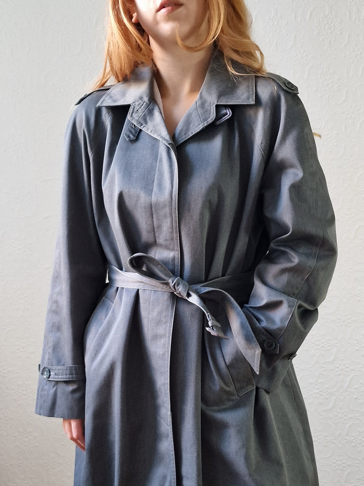 Vintage Denim Effect Dark Green Single Breasted Trench Coat - M/L