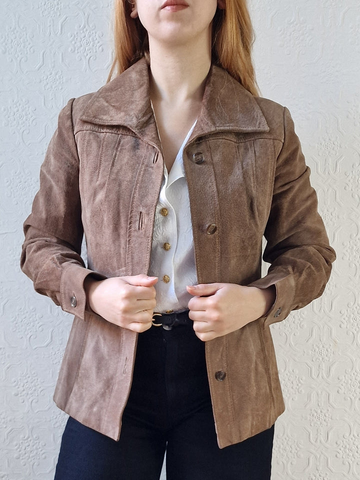 Vintage 70s Grey Brown Genuine Suede Leather Jacket with Belt - XS