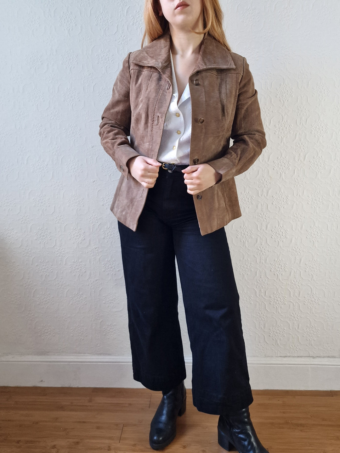 Vintage 70s Grey Brown Genuine Suede Leather Jacket with Belt - XS