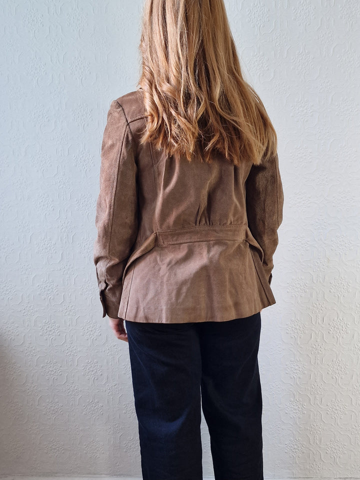 Vintage 70s Grey Brown Genuine Suede Leather Jacket with Belt - XS