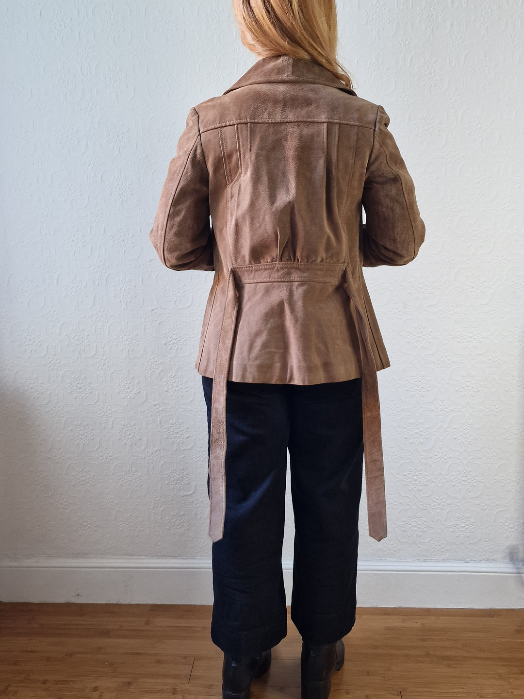 Vintage 70s Grey Brown Genuine Suede Leather Jacket with Belt - XS