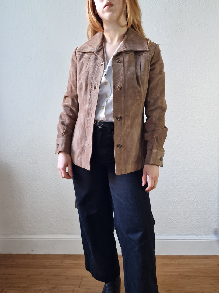 Vintage 70s Grey Brown Genuine Suede Leather Jacket with Belt - XS