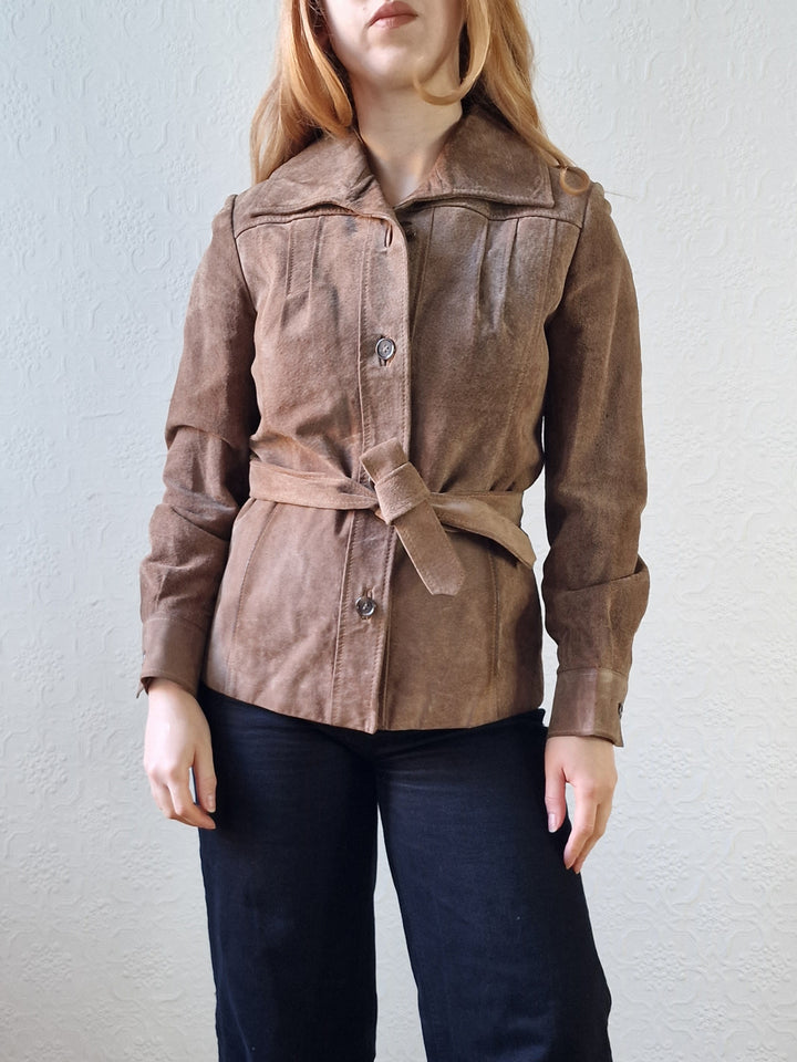 Vintage 70s Grey Brown Genuine Suede Leather Jacket with Belt - XS