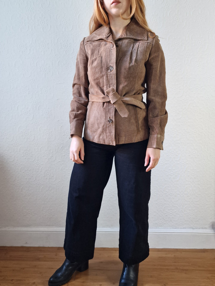 Vintage 70s Grey Brown Genuine Suede Leather Jacket with Belt - XS