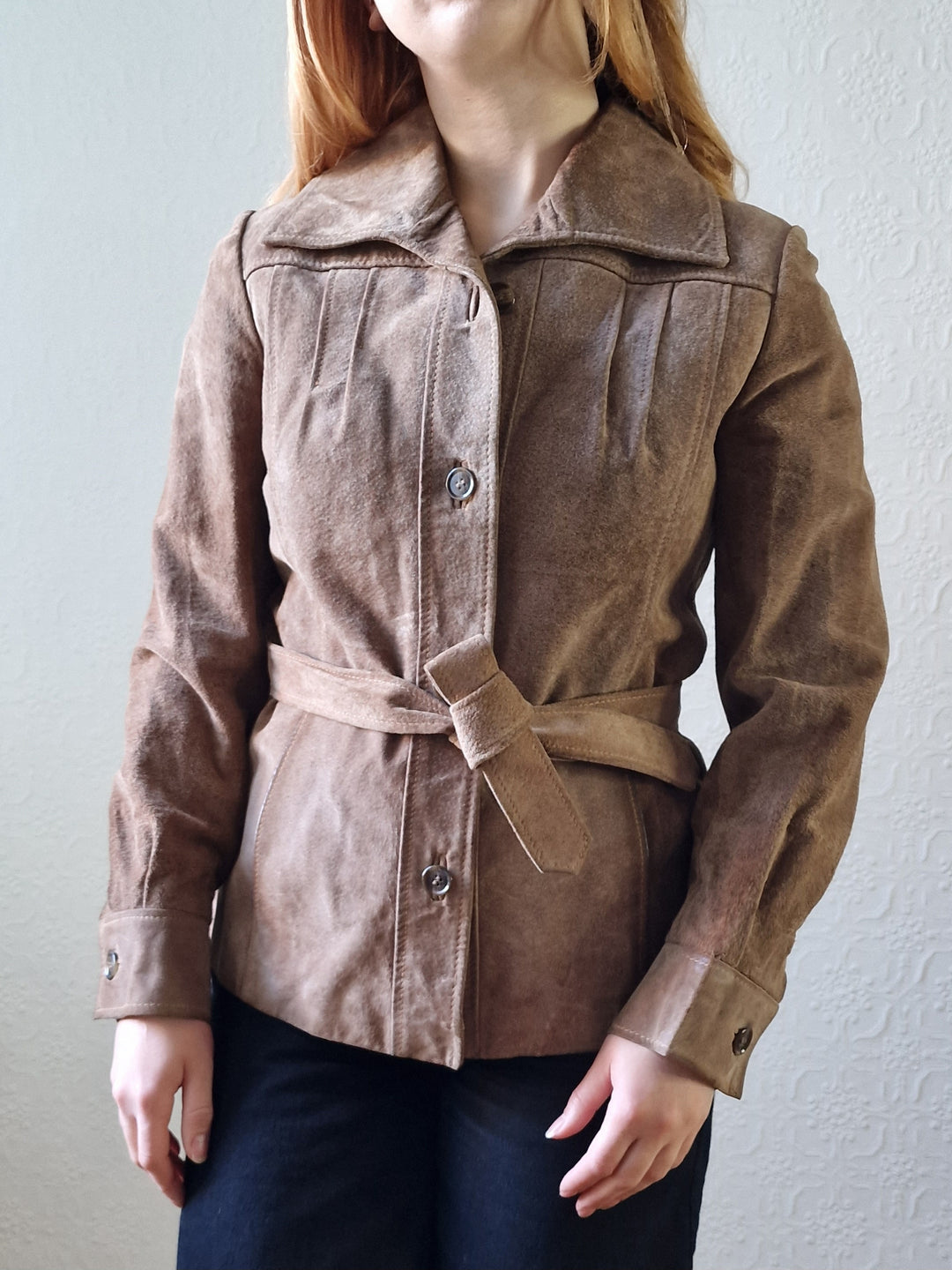 Vintage 70s Grey Brown Genuine Suede Leather Jacket with Belt - XS