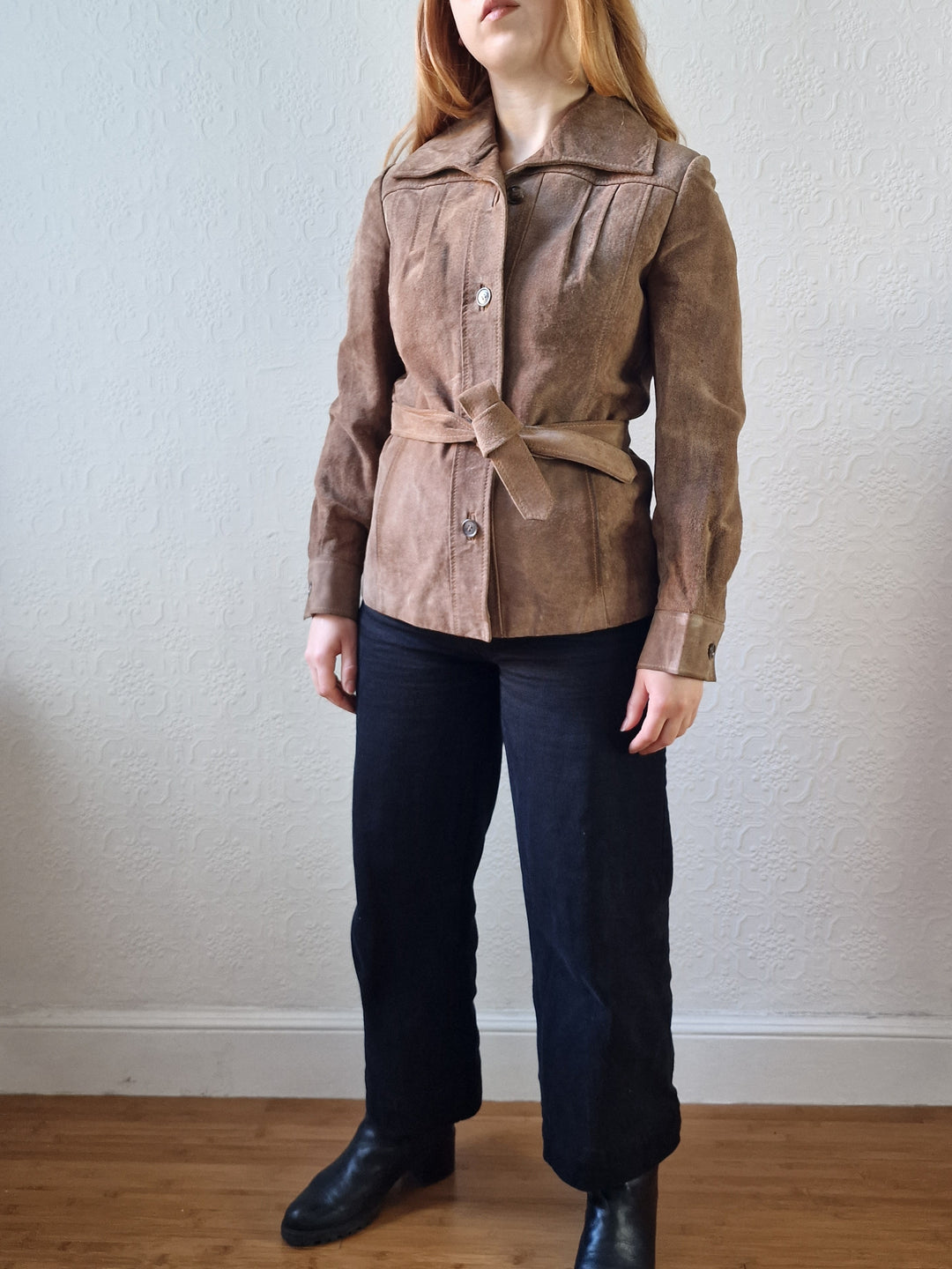 Vintage 70s Grey Brown Genuine Suede Leather Jacket with Belt - XS