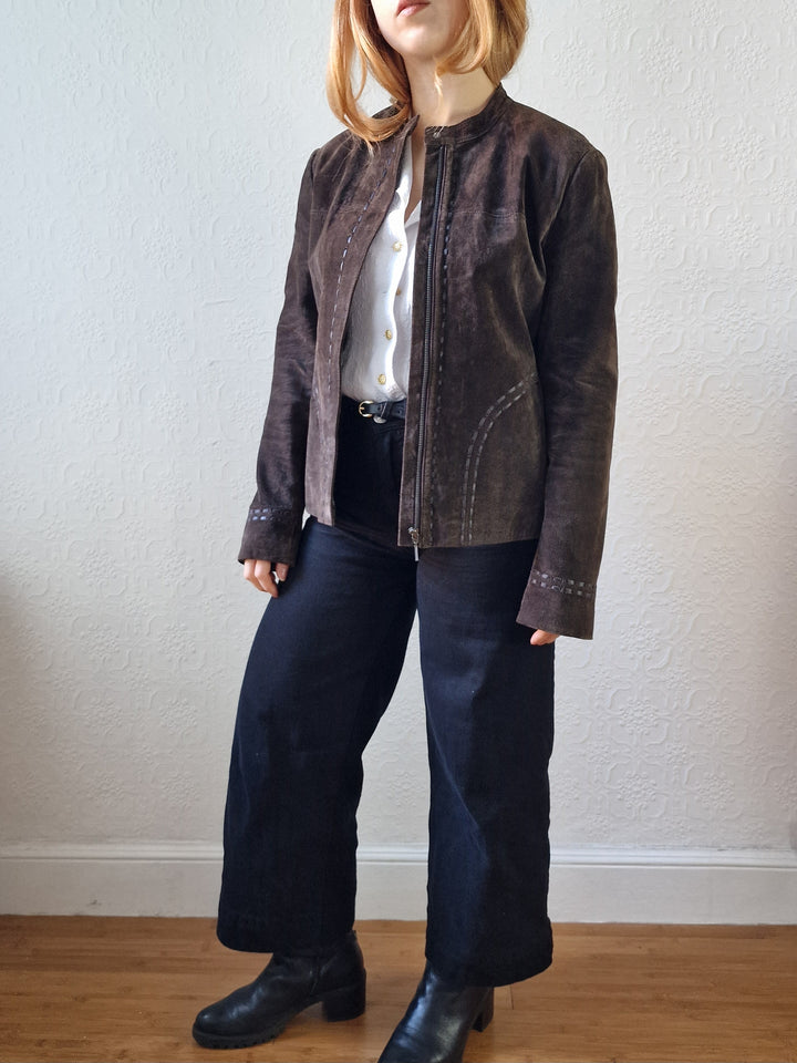 Vintage 90s Dark Brown Genuine Suede Leather Jacket - S