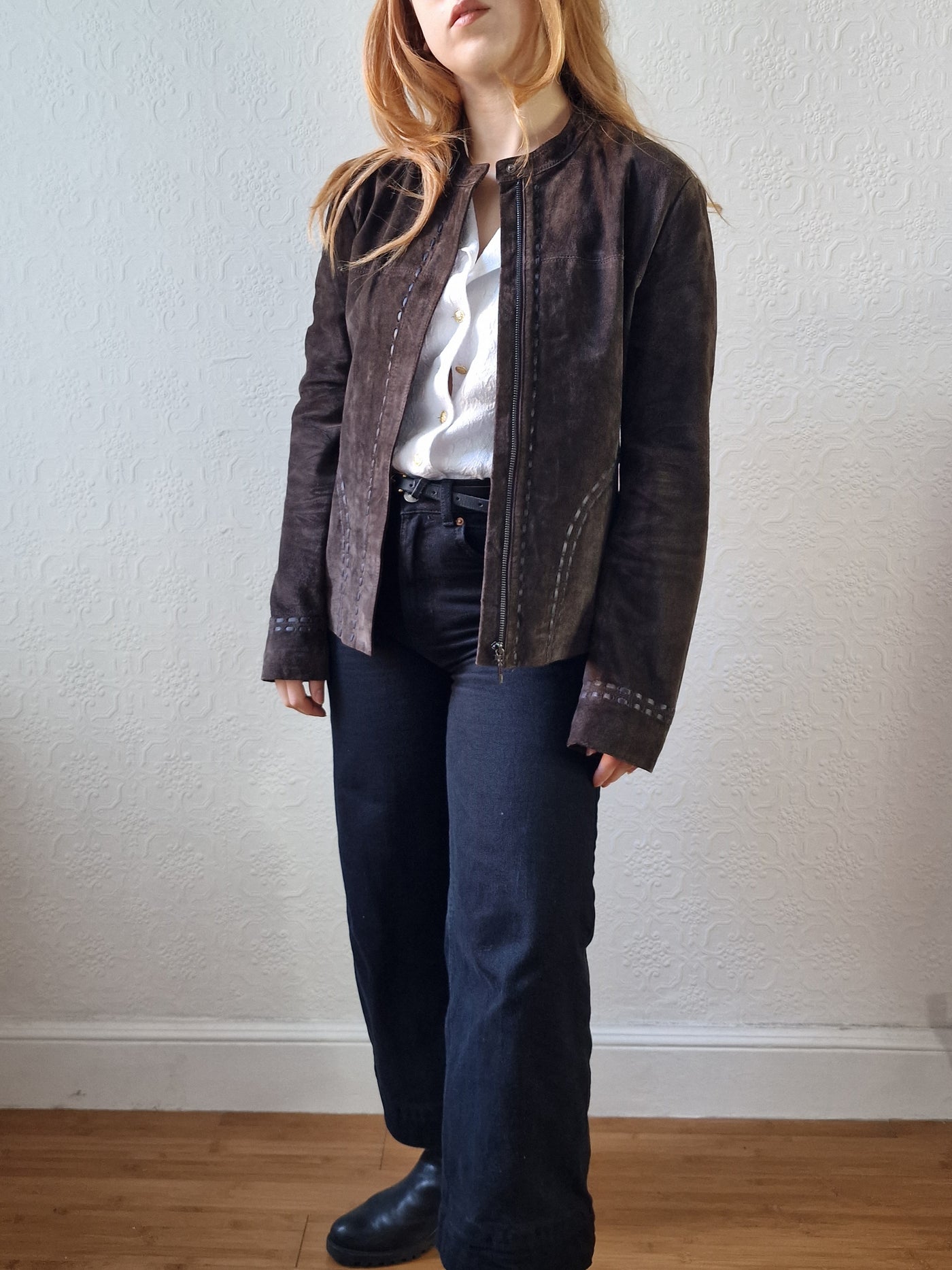 Vintage 90s Dark Brown Genuine Suede Leather Jacket - S