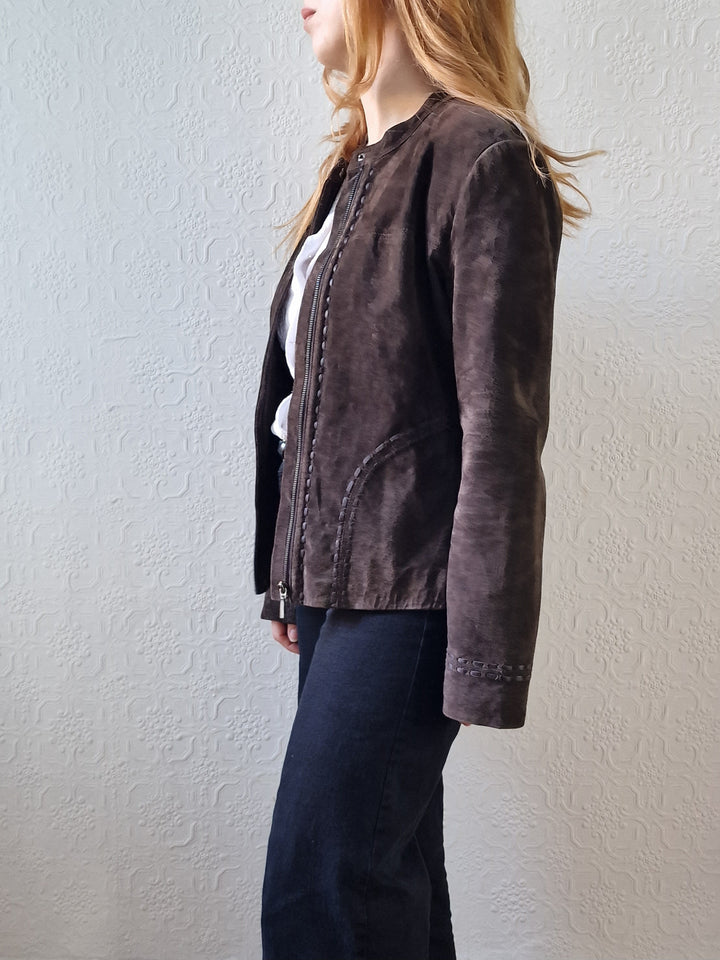 Vintage 90s Dark Brown Genuine Suede Leather Jacket - S