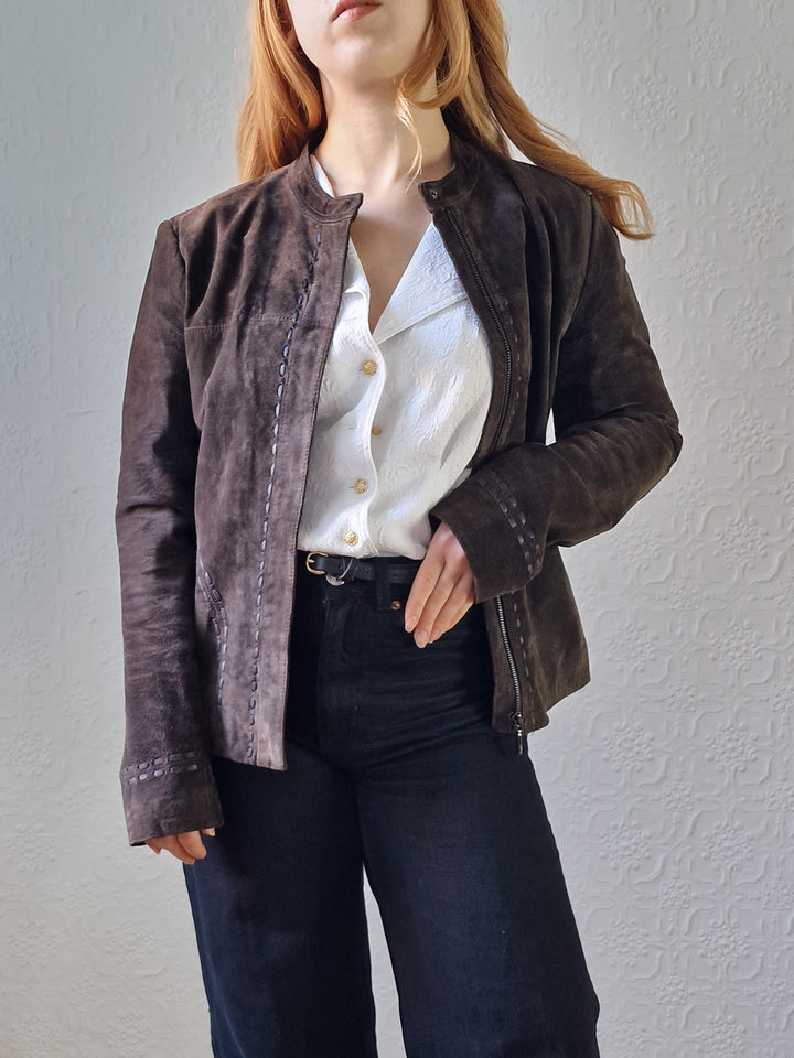 Vintage 90s Dark Brown Genuine Suede Leather Jacket - S