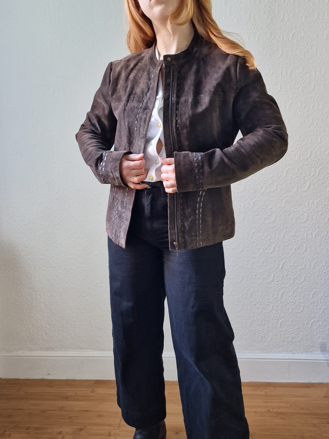 Vintage 90s Dark Brown Genuine Suede Leather Jacket - S