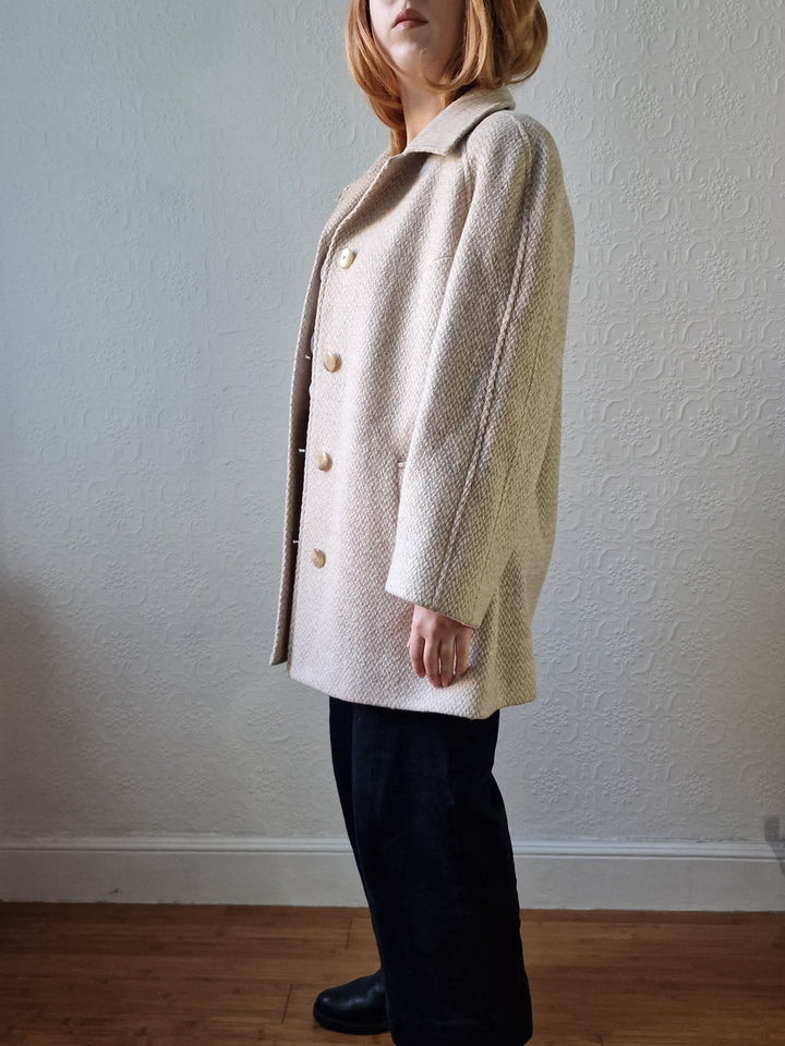 Vintage 80s Cream & Beige Single Breasted Wool Coat - M