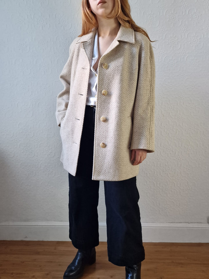 Vintage 80s Cream & Beige Single Breasted Wool Coat - M