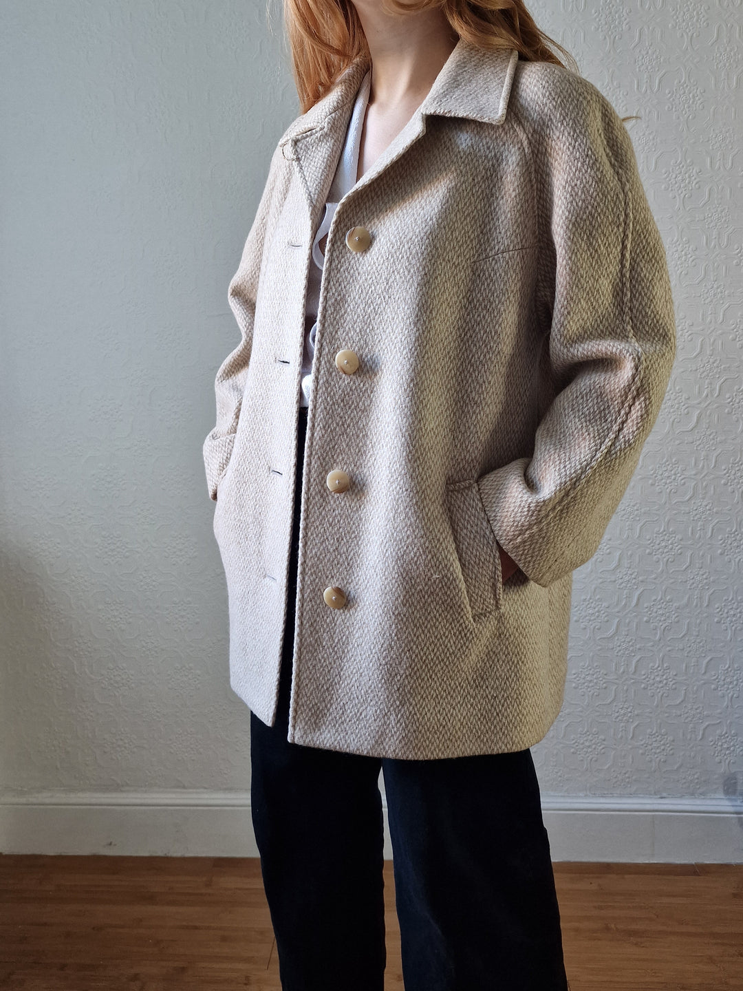 Vintage 80s Cream & Beige Single Breasted Wool Coat - M