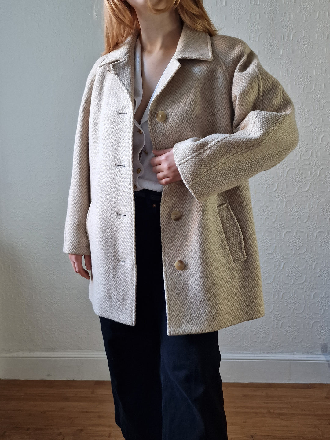 Vintage 80s Cream & Beige Single Breasted Wool Coat - M